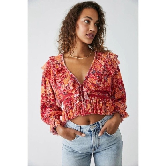 NWT Free People Rudi Ruffle Top in Cherry Combo Size‎ Small - Picture 1 of 13